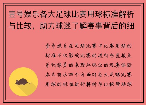 壹号娱乐各大足球比赛用球标准解析与比较，助力球迷了解赛事背后的细节