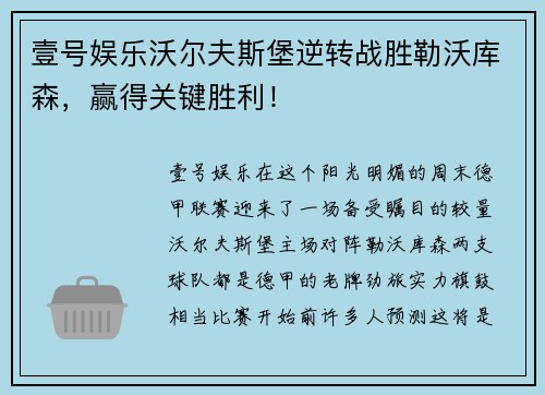 壹号娱乐沃尔夫斯堡逆转战胜勒沃库森，赢得关键胜利！