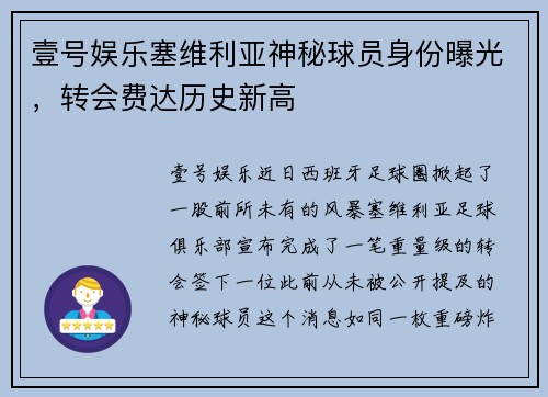 壹号娱乐塞维利亚神秘球员身份曝光，转会费达历史新高
