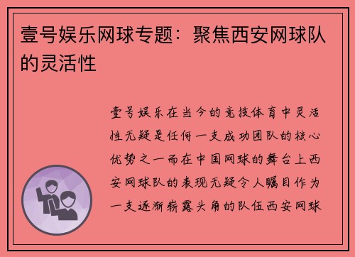 壹号娱乐网球专题：聚焦西安网球队的灵活性