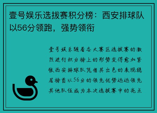 壹号娱乐选拔赛积分榜：西安排球队以56分领跑，强势领衔