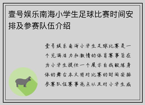 壹号娱乐南海小学生足球比赛时间安排及参赛队伍介绍